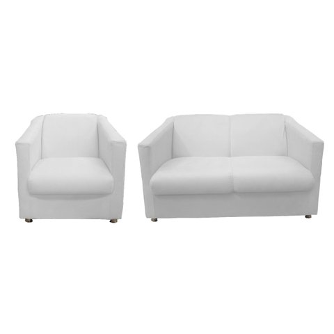 Kit Namoradeira + 1 Poltrona Decorativa Biane Couro Branco Pés Cromado Ms Decor