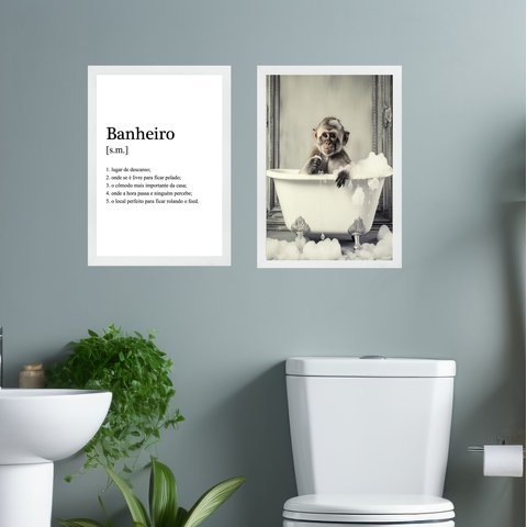 Kit 2 Quadros Decorar Banheiro - Macaquinho 33x24cm - com Vidro:moldura Branca