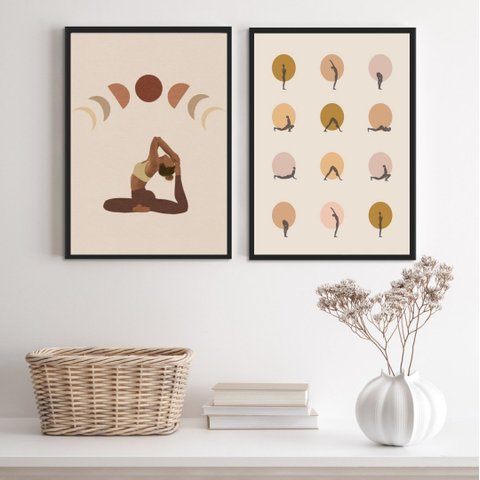 Kit 2 Quadros Decorativos Yoga- Posições 33x24cm:madeira Preta