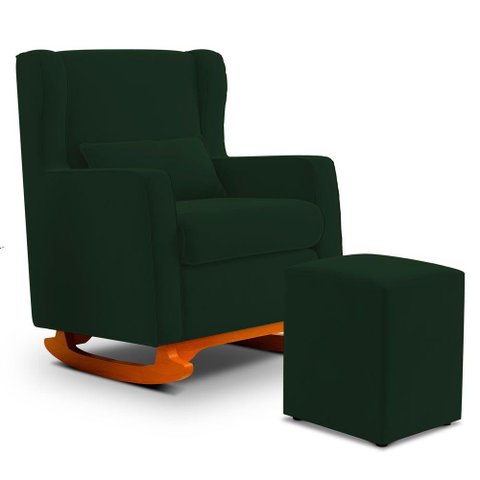 Poltrona de Amamentação e Descanso Zoe com Base Balanço e Puff Veludo Verde - Desk Design
