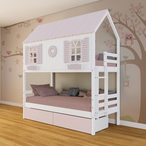 Beliche Casinha Bela com Coração 2 Gavetas Rosa - Madeira Maciça Branco/rosa | Megamobilia