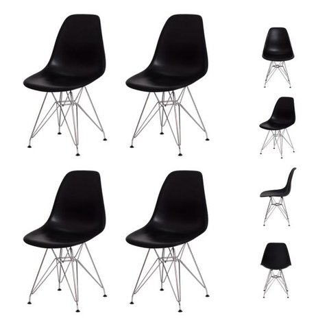 Kit 4 Cadeiras Eiffel Eames Preta Base Cromada