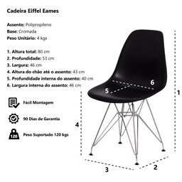 Kit 4 Cadeiras Eiffel Eames Preta Base Cromada - 6