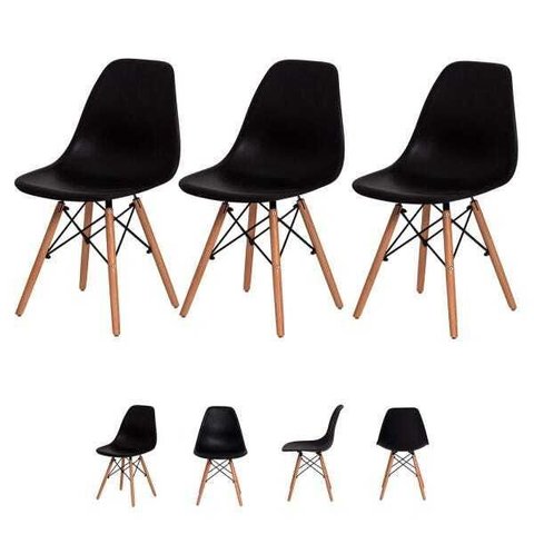 Kit 3 Cadeiras Eiffel Eames Dsw Preta Base Madeira