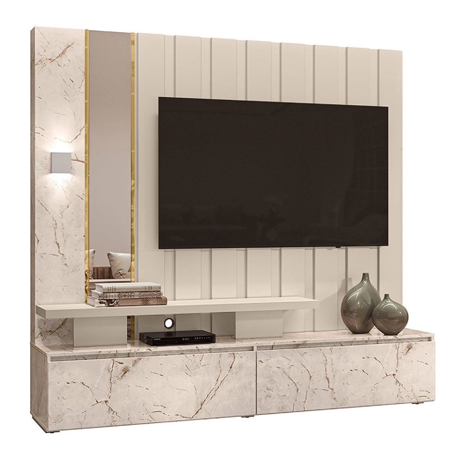 Estante Home Theater Com Espelho e LED para tv 75" 2 Gavetas Zeus Calacata/Off White - Madetec