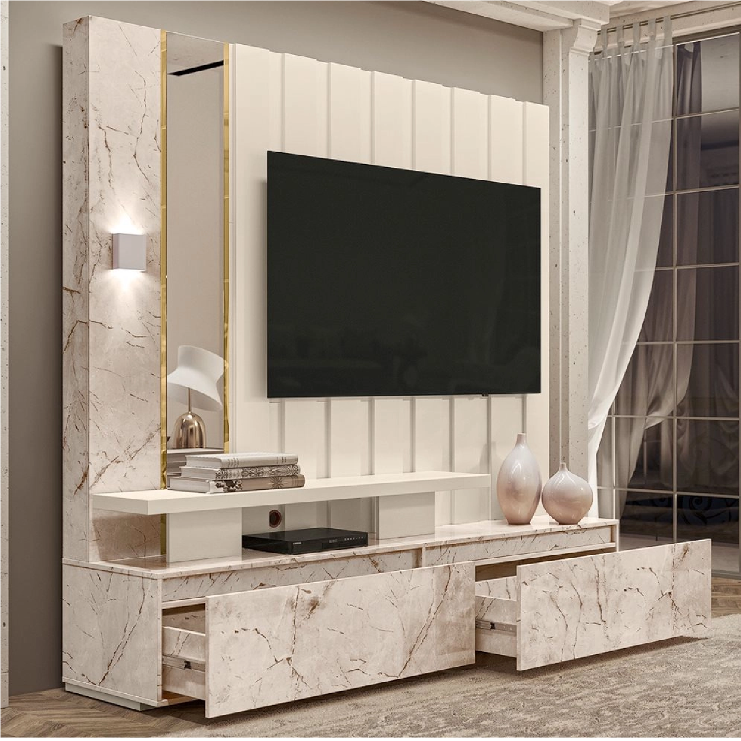 Estante Home Theater Com Espelho e LED para tv 75" 2 Gavetas Zeus Calacata/Off White - Madetec - 4