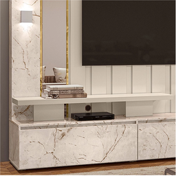 Estante Home Theater Com Espelho e LED para tv 75" 2 Gavetas Zeus Calacata/Off White - Madetec - 2