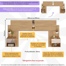 Cabeceira Casal/Queen com Espelhos e 2 Mesas de Cabeceira 232cm Multimóveis MP4324  - 3