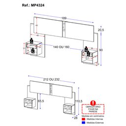 Cabeceira Casal/Queen com Espelhos e 2 Mesas de Cabeceira 232cm Multimóveis MP4324  - 4