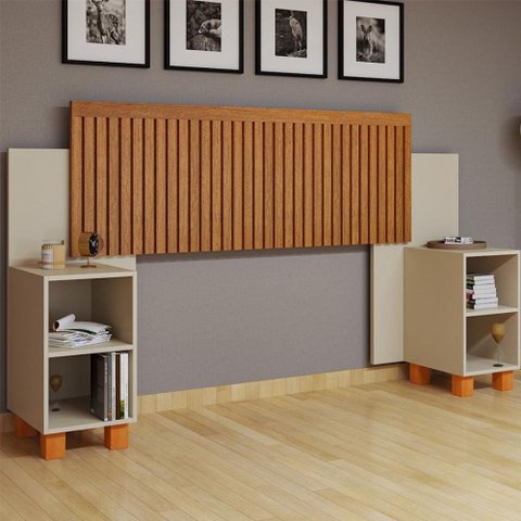 Cabeceira Box Mumbai Ripada Mdf Reforçado Ajustável para Casal e Queen com Nicho Off White/naturale