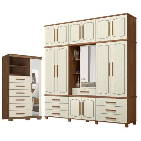 Guarda Roupa Casal com Cômoda Londres Capelinha Marabá 13 Portas Bater 7 Gavetas MDF MDP Jatobá