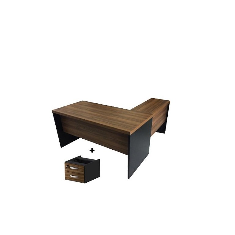 Mesa de escritório em L (Mesa 1,50m+auxiliar) c/gaveta MARANELLO Nogal/preto - 1348