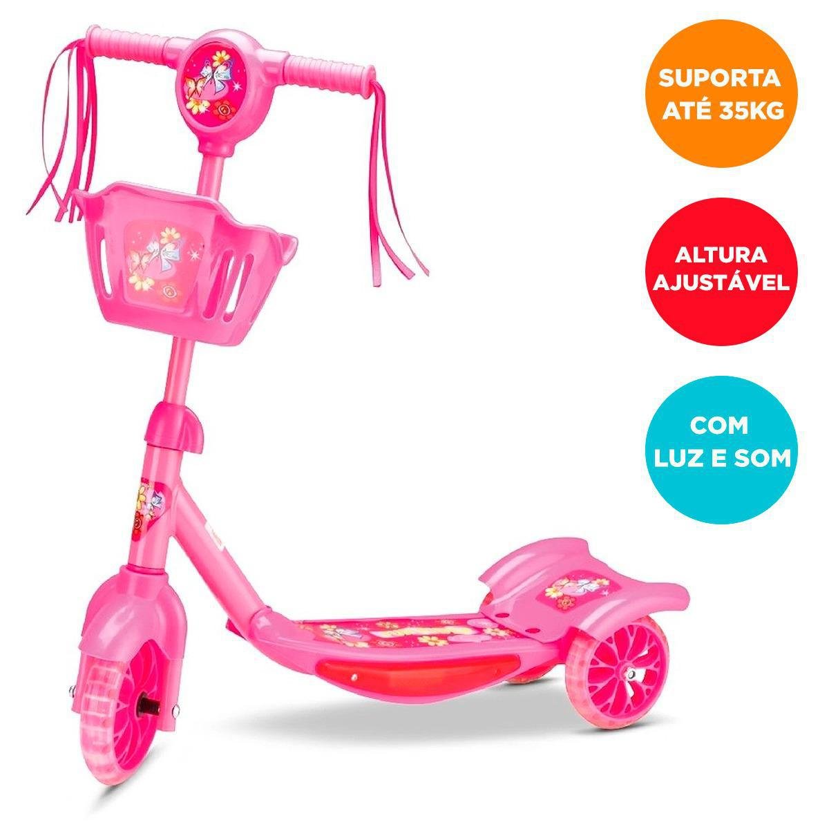 Patinete Infantil Arcani Toys Musical Luzes Led 3 Rodas Rosa