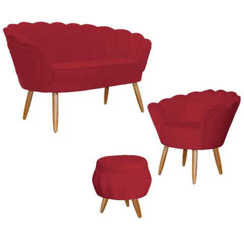Kit Pétala - Poltrona, Namoradeira e Puff Suede - Ds Estofados Vermelho