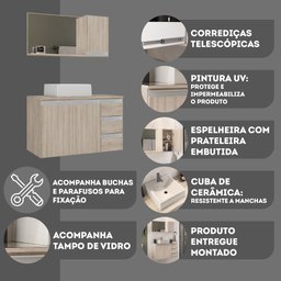 Conjunto de Gabinete Banheiro Prisma 80cm com Tampo de Vidro, Cuba e Espelheira - Madeirado - 7