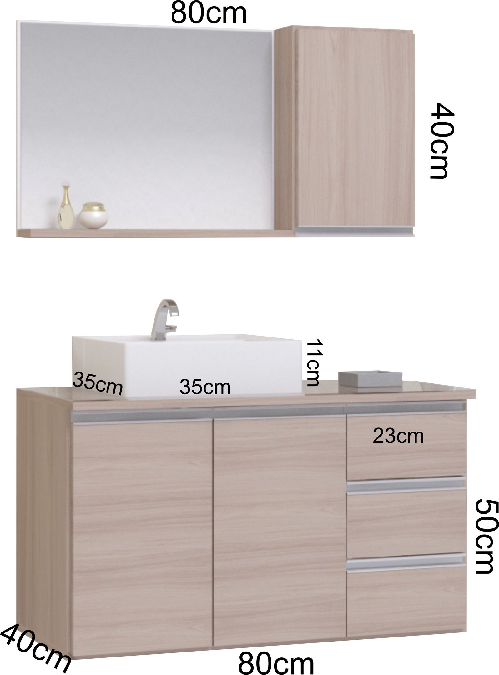 Conjunto Gabinete Banheiro Completo Prisma 80cm Madeirado Inteiro COM TAMPO DE VIDRO - 3