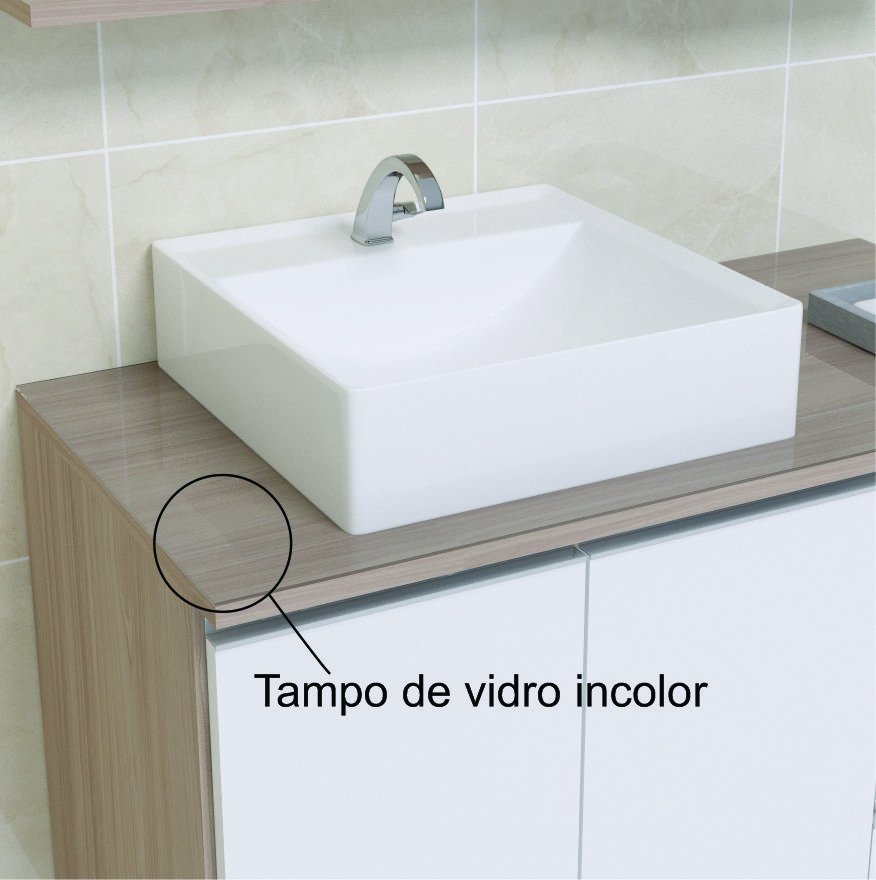 Conjunto Gabinete Banheiro Completo Prisma 80cm Madeirado Inteiro COM TAMPO DE VIDRO - 2