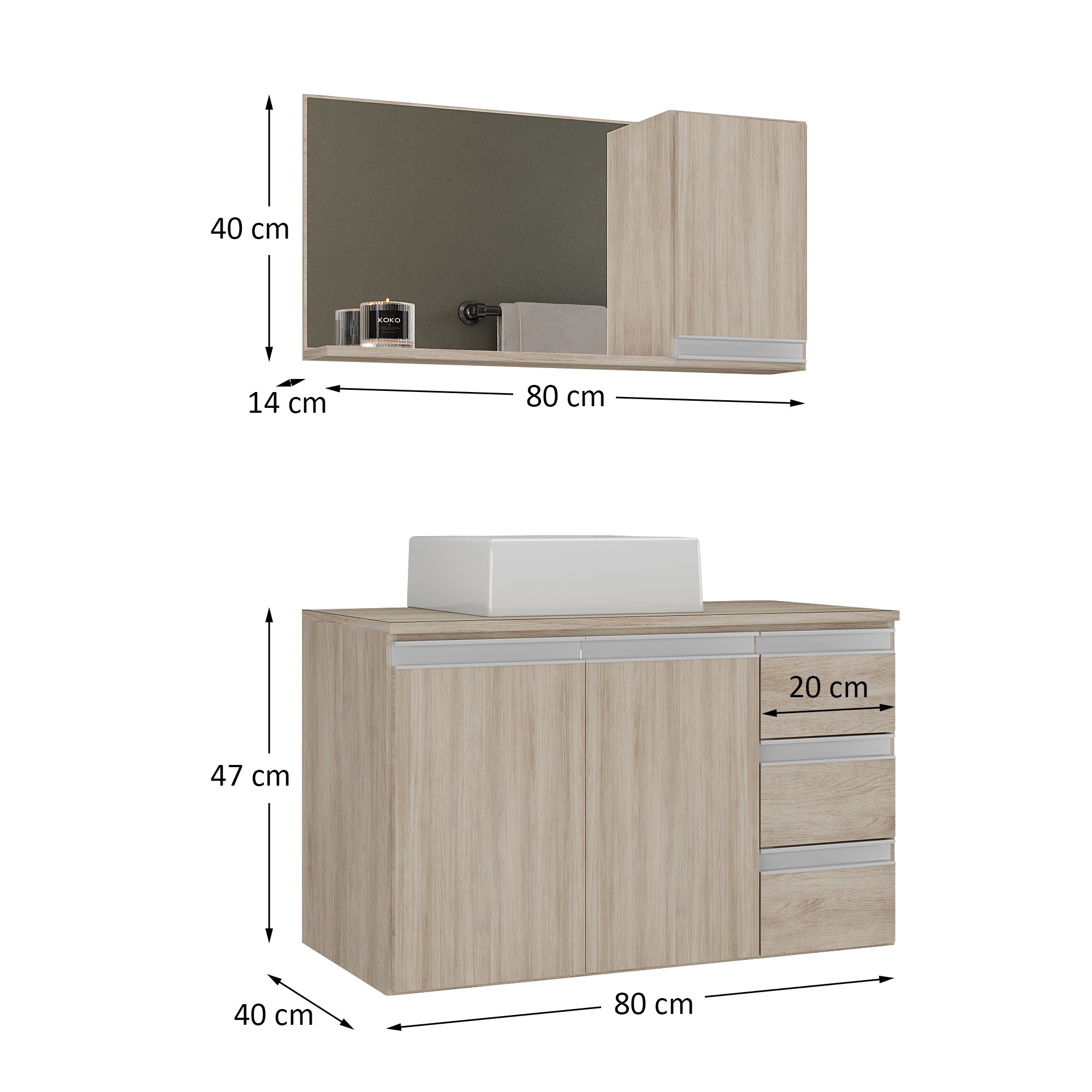 Conjunto Gabinete Banheiro Completo Prisma 80cm Madeirado Inteiro com Tampo de Vidro - 6