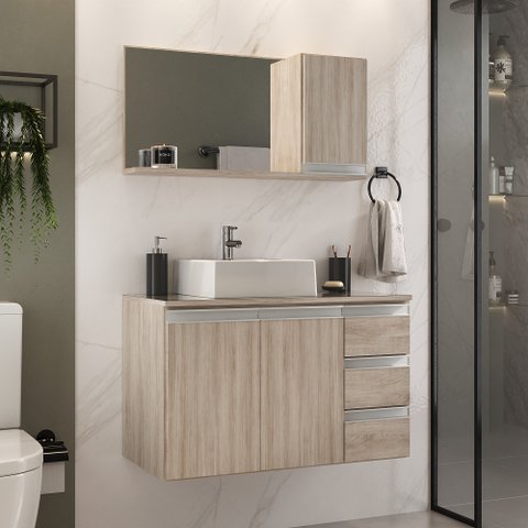 Conjunto de Gabinete Banheiro Prisma 80cm com Tampo de Vidro, Cuba e Espelheira - Madeirado