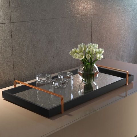 Bandeja Decorativa Espelhada Alça Cobre Larflex Preta