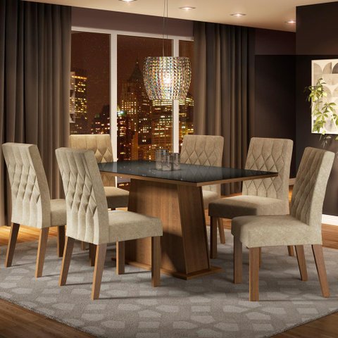 Conjunto Sala de Jantar Madesa Rafaela Mesa Tampo de Vidro com 6 Cadeiras - Rustic/preto/imperial