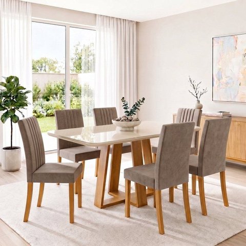 Conjunto Sala de Jantar Mesa Lisa 160cm com Tampo MDF e Vidro Canto Arrredondado 6 Cadeiras Lily