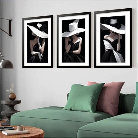 Kit 3 Quadros Grandes Dama 60x48cm:moldura Preta