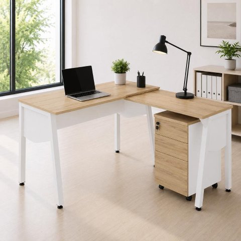 Escrivaninha em L 150cm x 150cm Pés Cavalete com Tampo Chanfrado e Gaveteiro Móvel com 3 Gavetas
