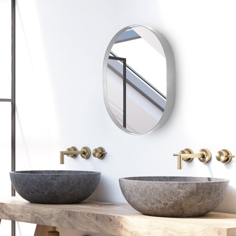 Espelho Decorativo Oval Para Banheiro Sala Com Moldura Prata 50x40cm