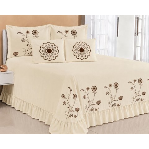 Kit Cobre Leito Casal Queen Encanto 07 Peças Bordado Colcha - Palha com Marrom