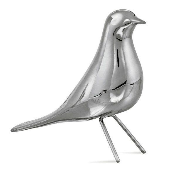 Pássaro Prata em Cerâmica com Pé em Metal