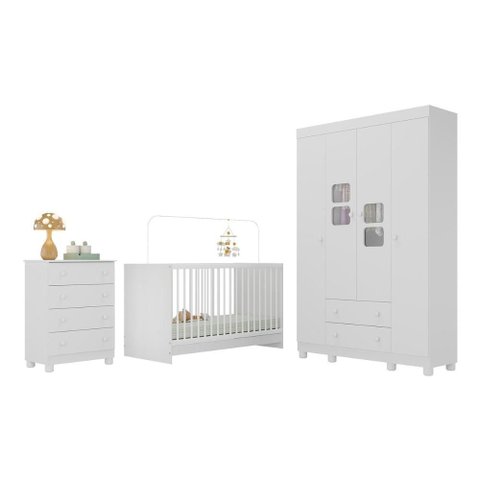 Quarto de Bebê Completo com Berço 3 em 1 para Colchão 130x60cm Sol Multimóveis Mp4522 Branco
