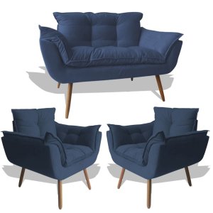 Conjunto Sofá Namoradeira Opala para Sala Estar Recepção + 2 Poltrona Cadeira Opala Decorativa - Sue