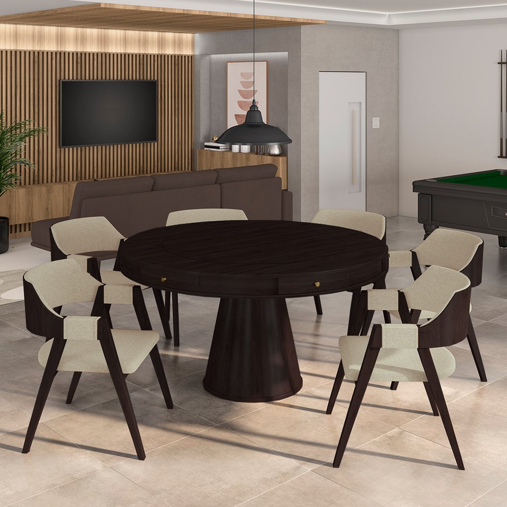 Conjunto Mesa de Jogos Carteado Bellagio Tampo Reversível Verde e 6 Cadeiras Madeira Poker Base Cone - 8