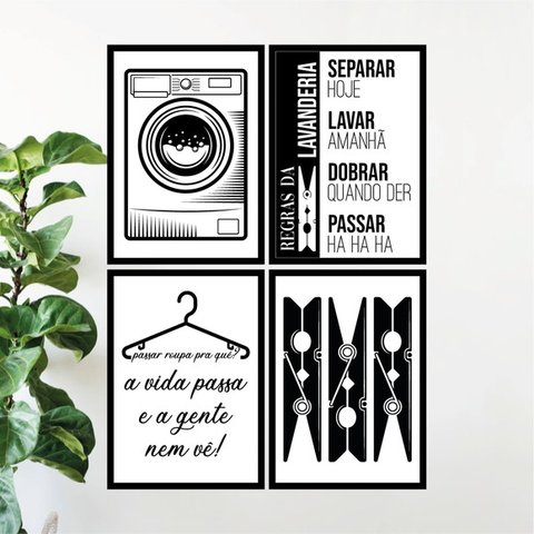 Kit 4 Quadros Para Lavanderia 24x18cm - com vidro:Madeira preta