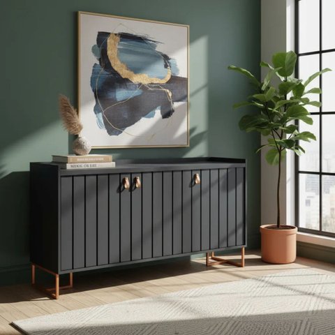 Aparador Trendy 160cm Mdp Portas Ripadas Puxador Couro Pés Aço Carbono Moderno