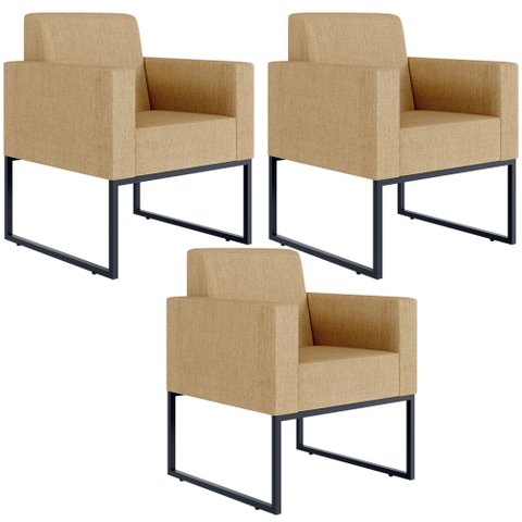 Kit 3 Poltronas Decorativa Sala Recepção Base Fixa de Metal Helô L02 Linho Bege Escuro - Lyam