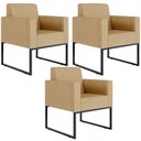 Ver imagem 1 de Kit 3 Poltronas Decorativa Sala Recepção Base Fixa de Metal Helô L02 Linho Bege Escuro - Lyam