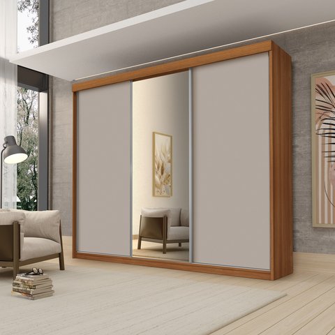 Roupeiro Casal Luxo Florença 100% Mdf 3 Portas de Correr 5 Gavetas Trilhos em Alumínio Espelho - Lua