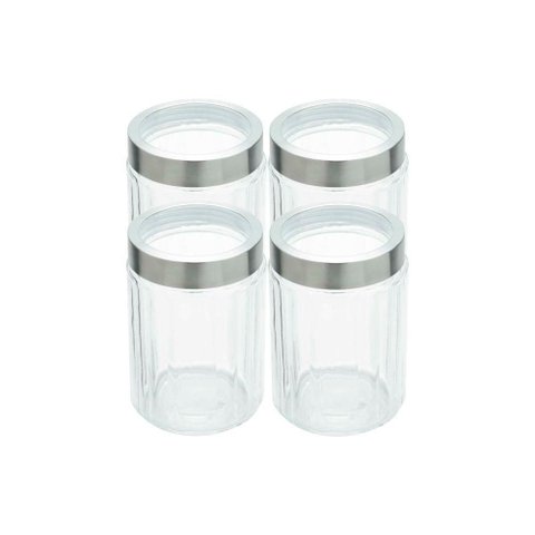 Kit 4 Pote de Vidro Porta Mantimentos Vidro com Tampa Inox para Grãos Cereais 1200ml 18cm Lyor