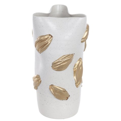 Vaso Decorativo Cerâmica Branco e Dourado 28x14x14cm