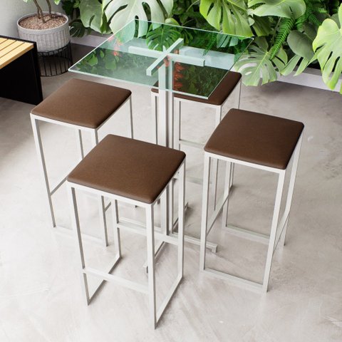 Conjunto Mesa Alta Bar Bistrô Quadrada Vidro 4 Bancos Estofado Don Castro Decor