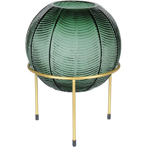 Vaso Decorativo Enfeite Planta Folhas com Suporte Metal Vidro 28x20x20cm Verde