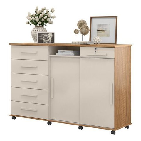 Cômoda 6 Gavetas 2 Portas Correr Rodizios - Freijó Off White