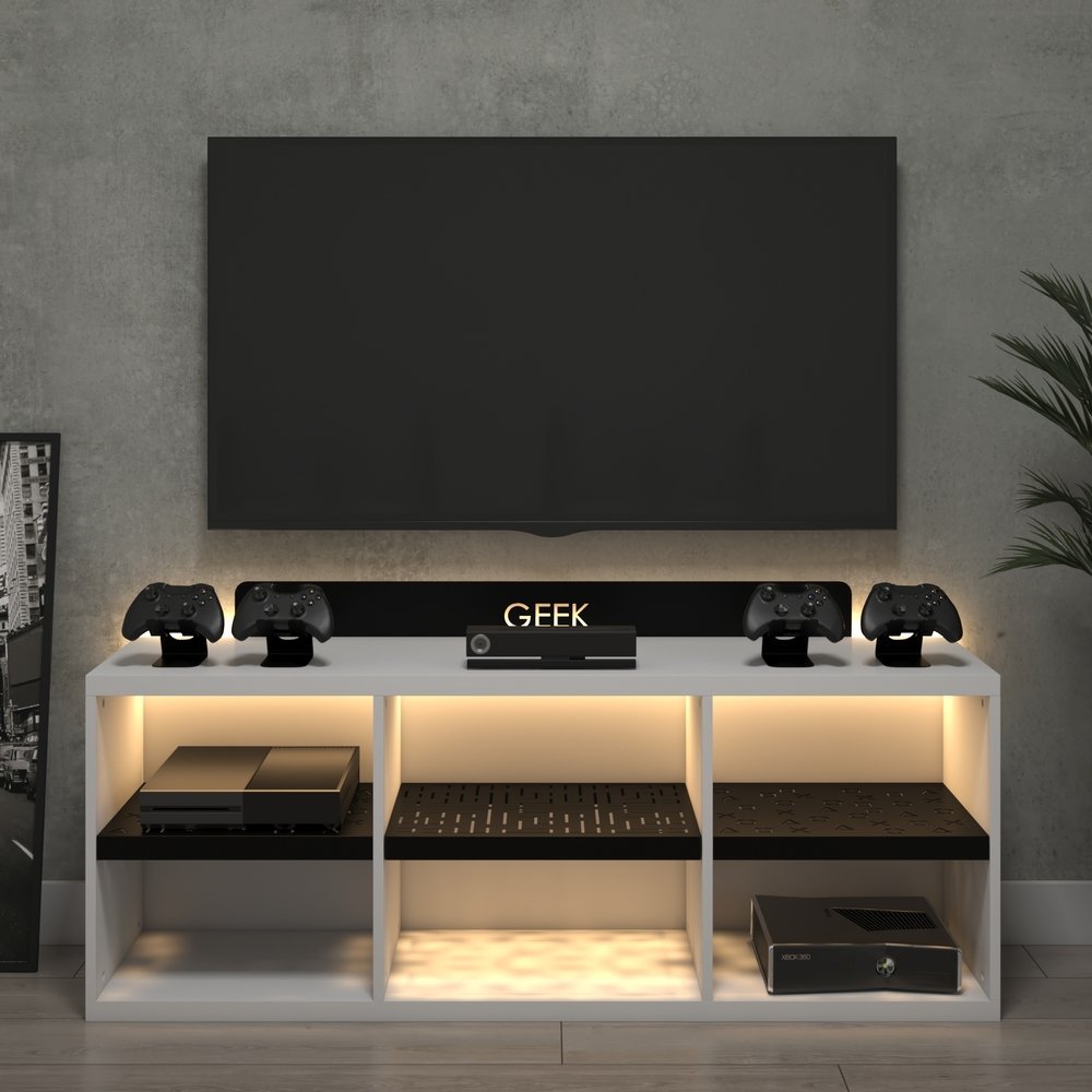 Rack Estante Bancada Gamer Geek Branco com Led Incluso - 1