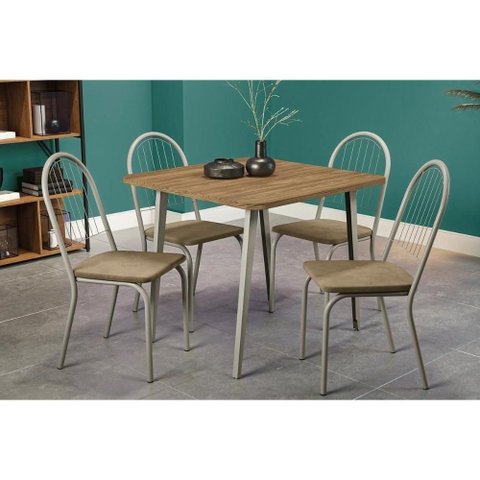 Conjunto Mesa Sala Jantar Iguaçu Tampo Madeirado 90x90cm e 4 Cadeiras Noruega Niquel Nogueira