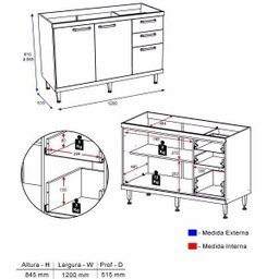 Balcão para Cozinha sem Tampo 1,20M 5124 Sicília Multimóveis - 3 Balcão para Cozinha sem Tampo 1,20M 5124 Sicília Multimóveis - 3