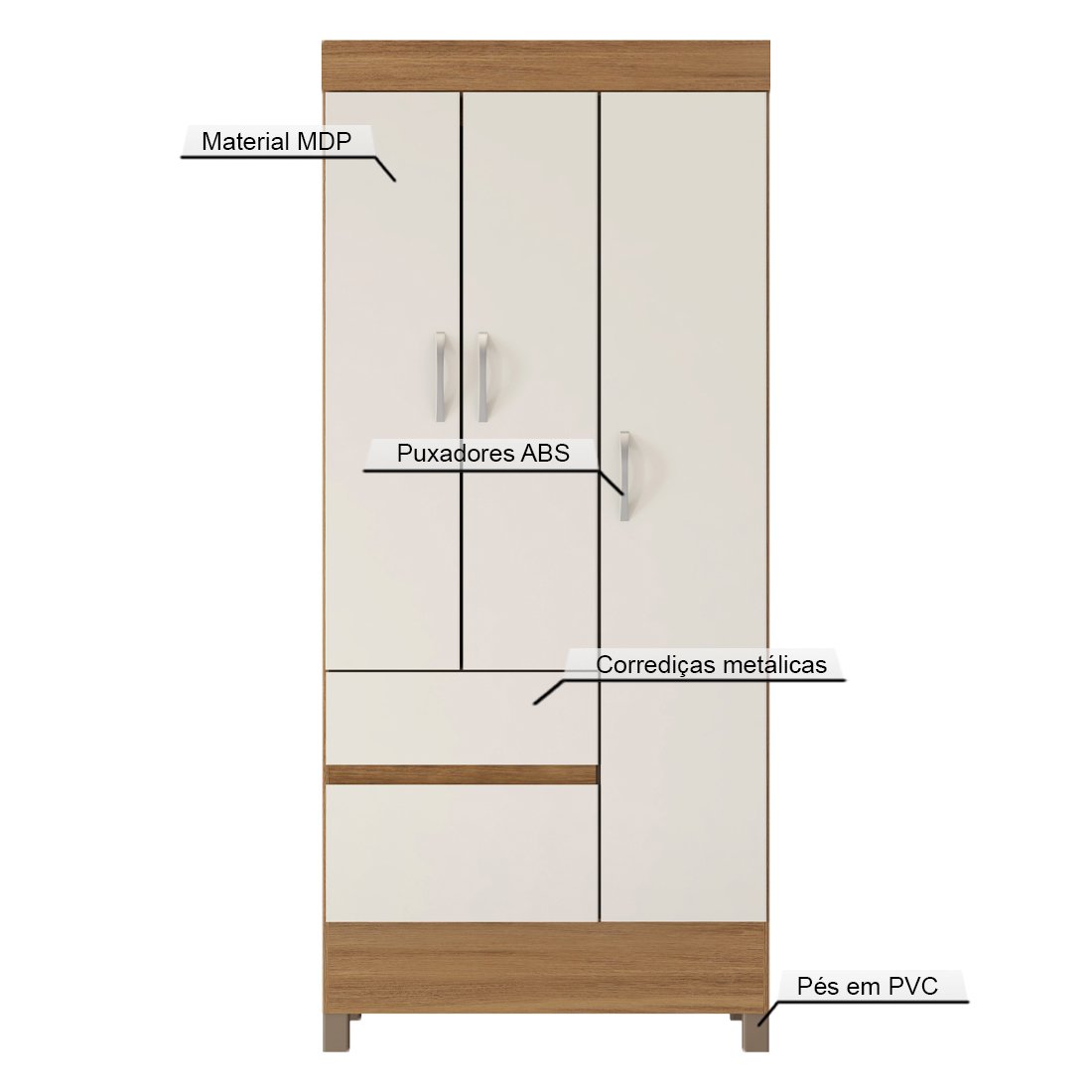 Guarda Roupa Solteiro 3 Portas e 2 Gavetas Wind - Amêndola Touch/off White - 5