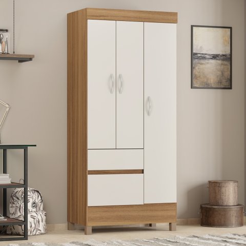 Guarda Roupa Solteiro 3 Portas e 2 Gavetas Wind - Amêndola Touch/off White