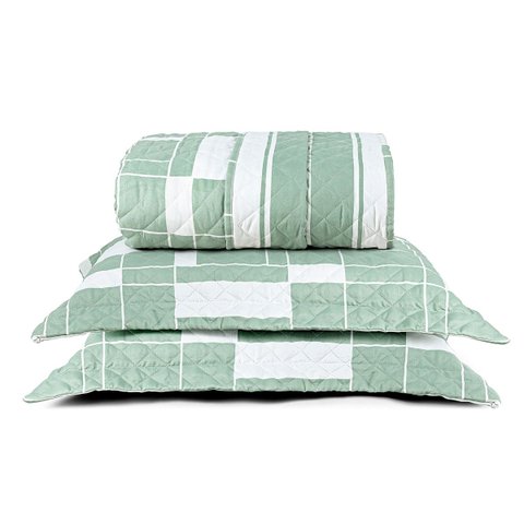 Kit Cobre Leito Colcha Belle Casal Padrão Estampado Dupla Face 400 Fios 3 Peças Quadriculado Verde